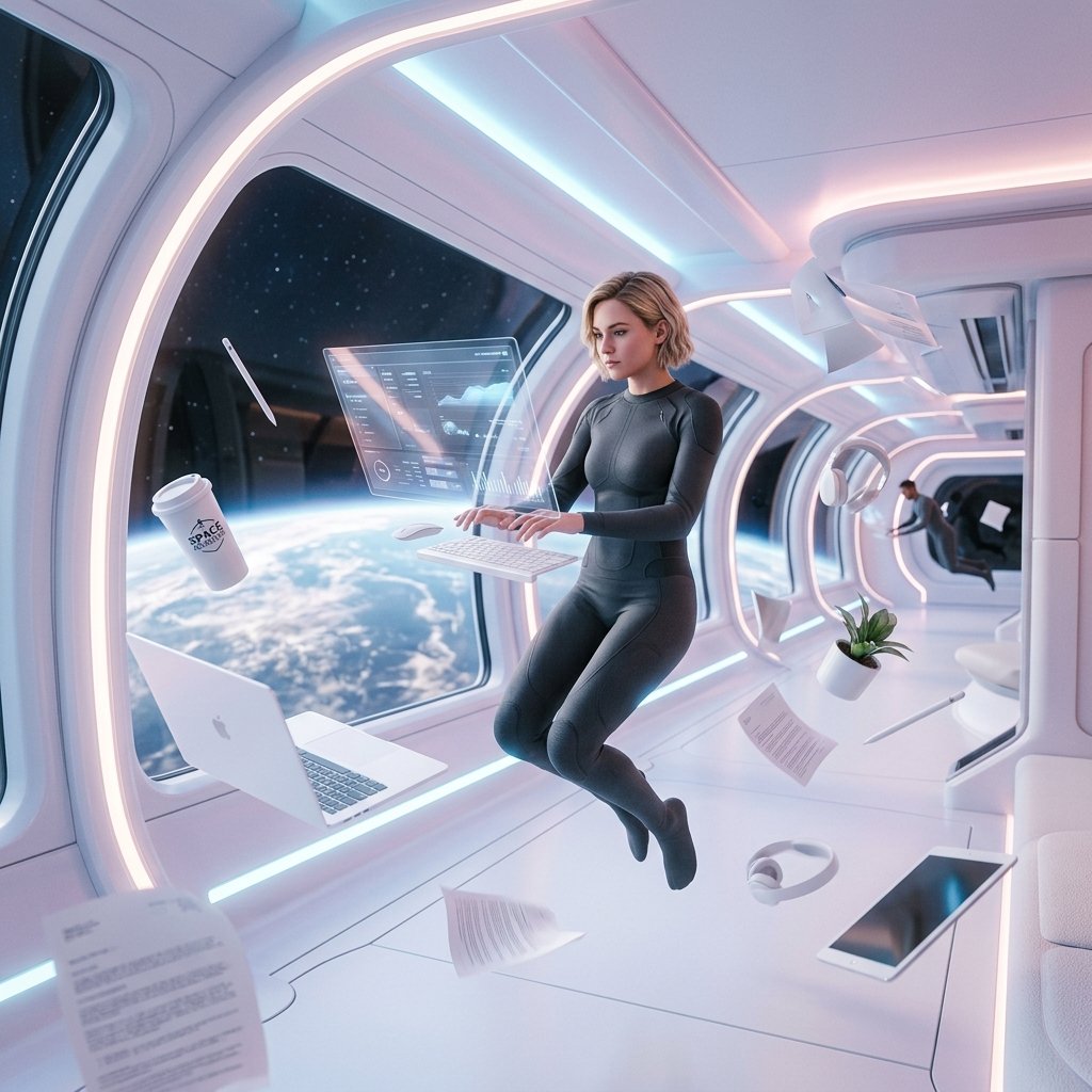 Futuristic zero-gravity corporate workspace showing floating digital interfaces, laptops, and coffee cups inside an elegant white spaceship interior