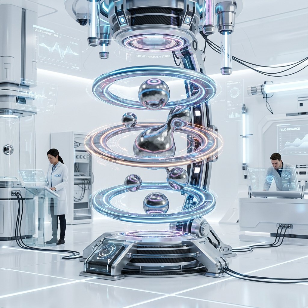 A sophisticated sci-fi gravity testing laboratory showing floating liquid metal droplets and glowing energy rings with scientists monitoring results